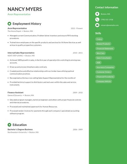Avon Representative Resume
