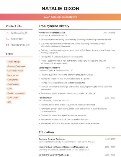 Avon Sales Representative Resume