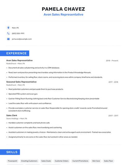 Avon Sales Representative Resume