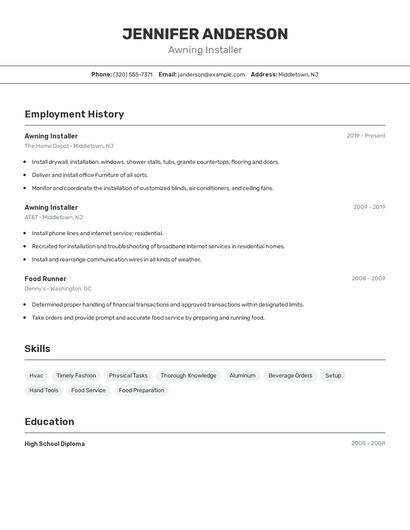 Awning Installer Resume