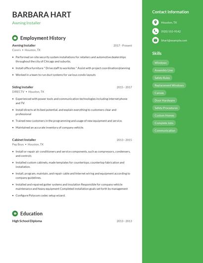 Awning Installer Resume