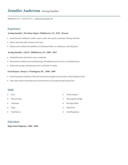 Awning Installer Resume