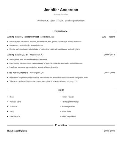 Awning Installer Resume