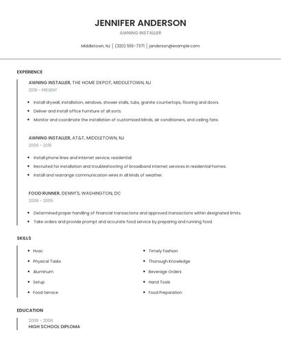 Awning Installer Resume