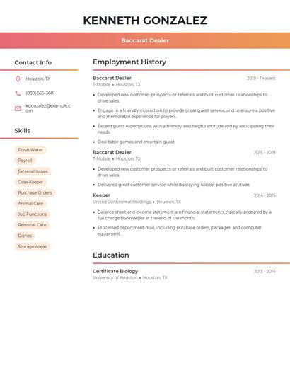 Baccarat Dealer Resume