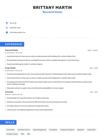 Baccarat Dealer Resume