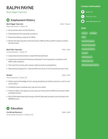 Back Digger Operator Resume