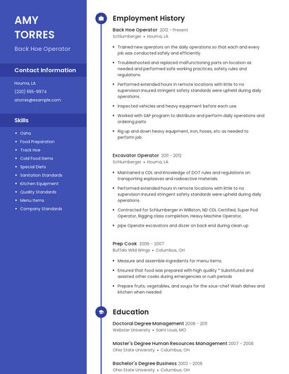 Back Hoe Operator Resume