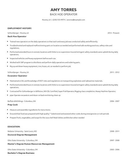 Back Hoe Operator Resume