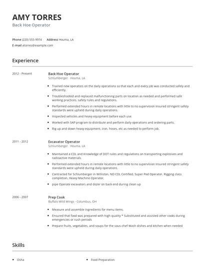Back Hoe Operator Resume