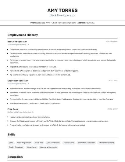 Back Hoe Operator Resume