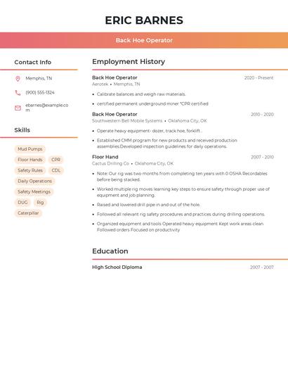 Back Hoe Operator Resume