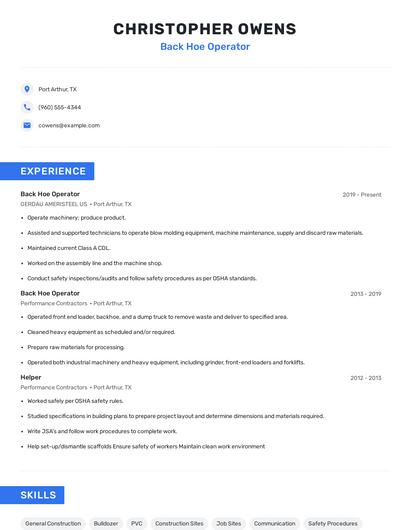 Back Hoe Operator Resume