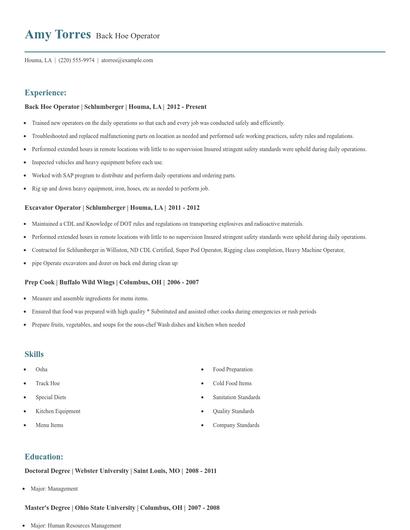 Back Hoe Operator Resume
