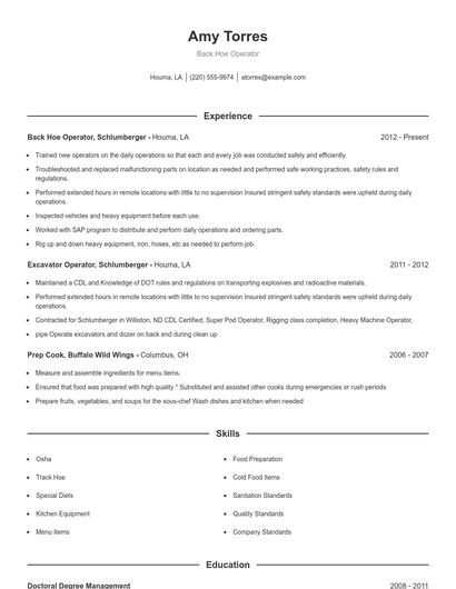 Back Hoe Operator Resume