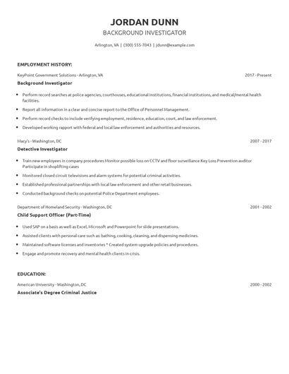 Background Investigator Resume