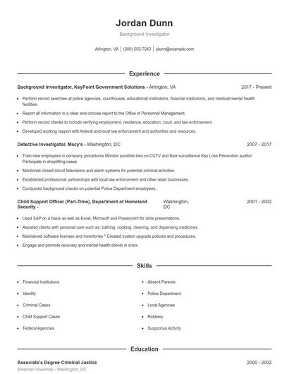 Background Investigator Resume