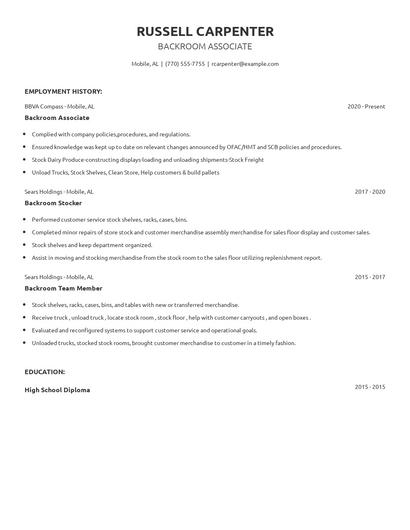 Backroom Associate Resume