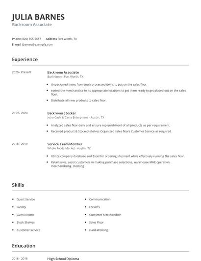 Backroom Associate Resume
