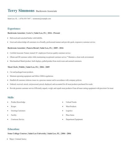 Backroom Associate Resume