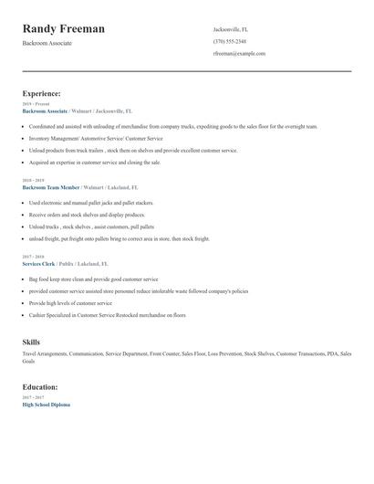 Backroom Associate Resume