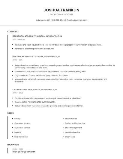 Backroom Associate Resume