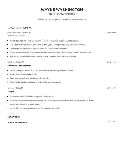 Backroom Stocker Resume