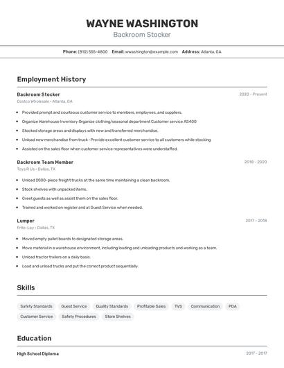Backroom Stocker Resume