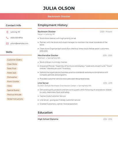 Backroom Stocker Resume