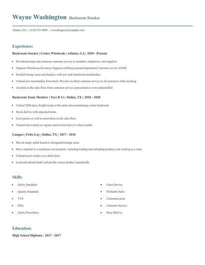 Backroom Stocker Resume
