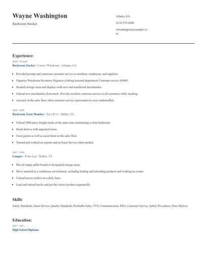 Backroom Stocker Resume