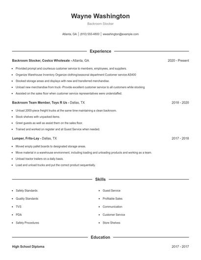 Backroom Stocker Resume