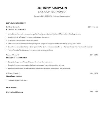 Backroom Team Member Resume