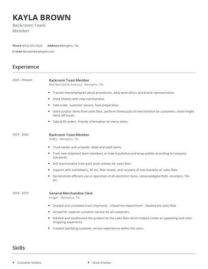 Backroom Team Member Resume