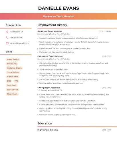 Backroom Team Member Resume
