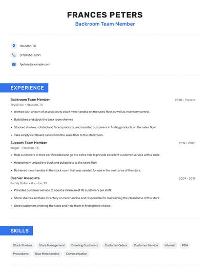 Backroom Team Member Resume