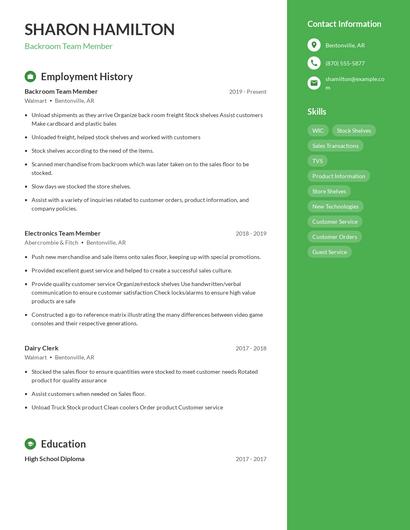 Backroom Team Member Resume