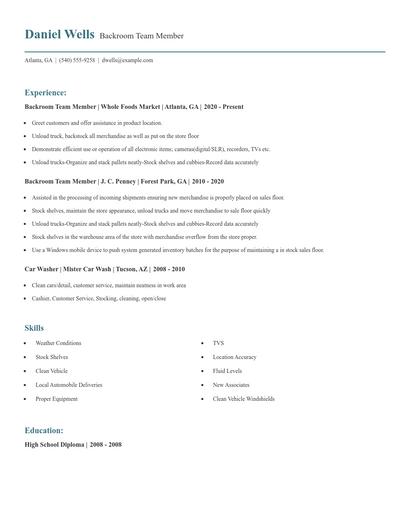 Backroom Team Member Resume