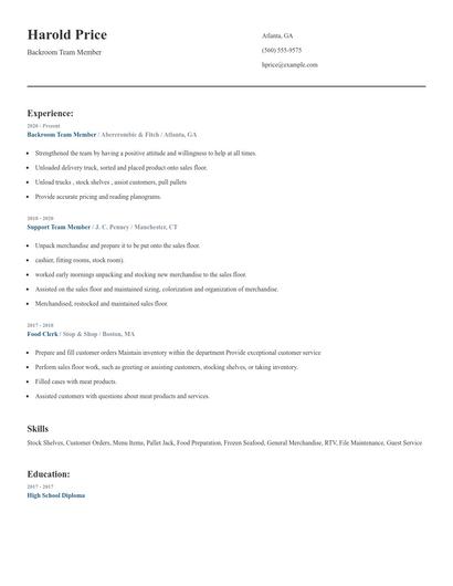 Backroom Team Member Resume