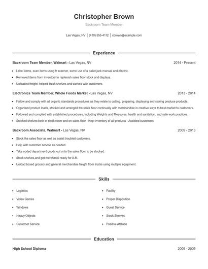 Backroom Team Member Resume