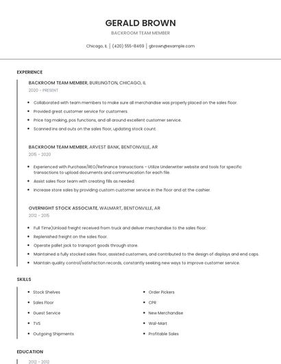 Backroom Team Member Resume