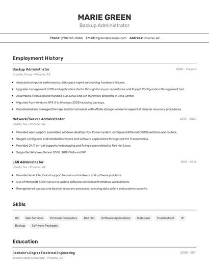 Backup Administrator Resume