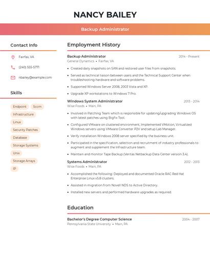 Backup Administrator Resume