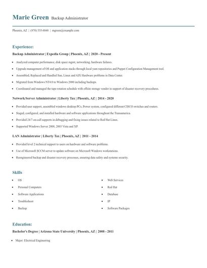 Backup Administrator Resume