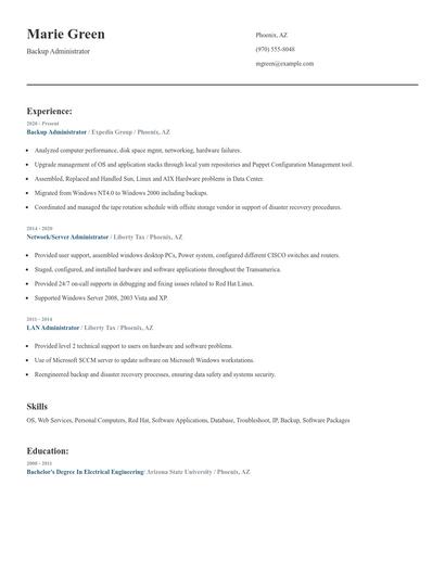 Backup Administrator Resume