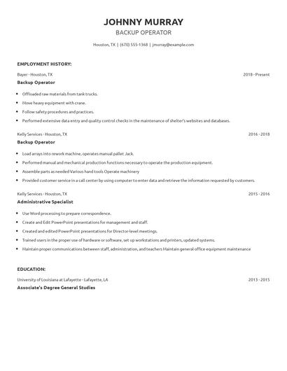 Backup Operator Resume