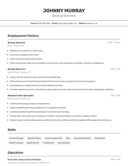 Backup Operator Resume