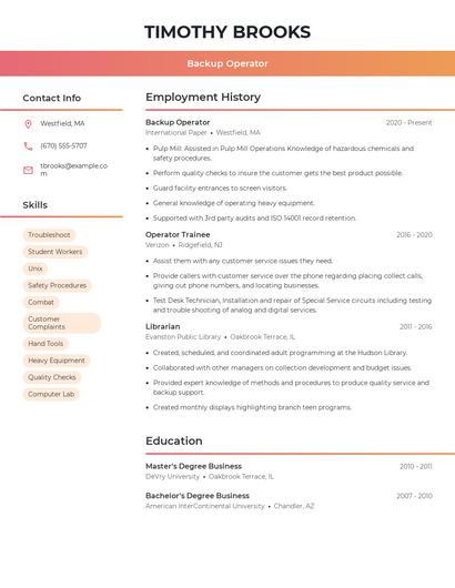 Backup Operator Resume