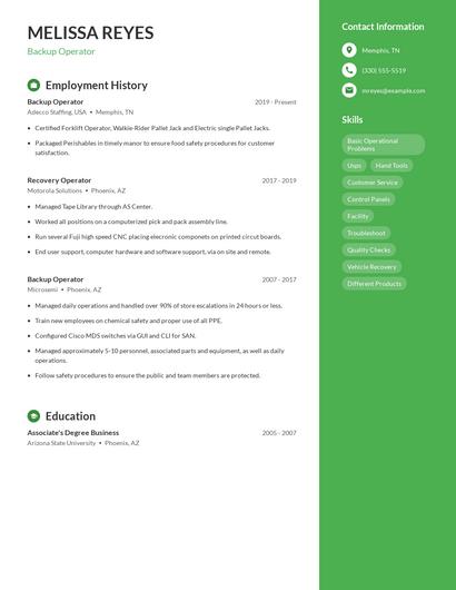 Backup Operator Resume