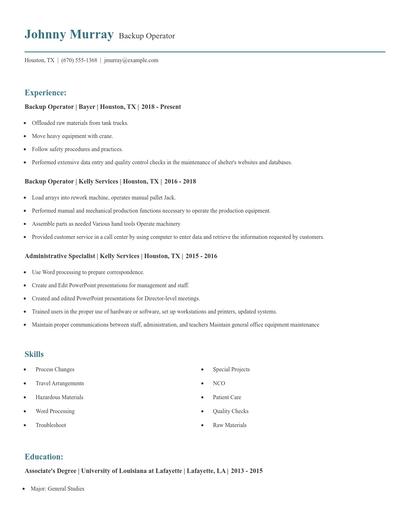 Backup Operator Resume